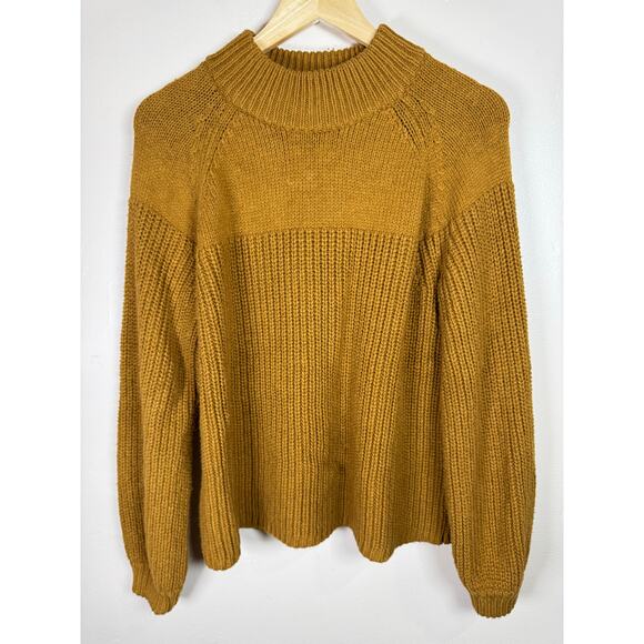 Madewell Balloon-Sleeve Mockneck Sweater Mustard Yellow soft Knit L Cozy - Picture 1 of 7